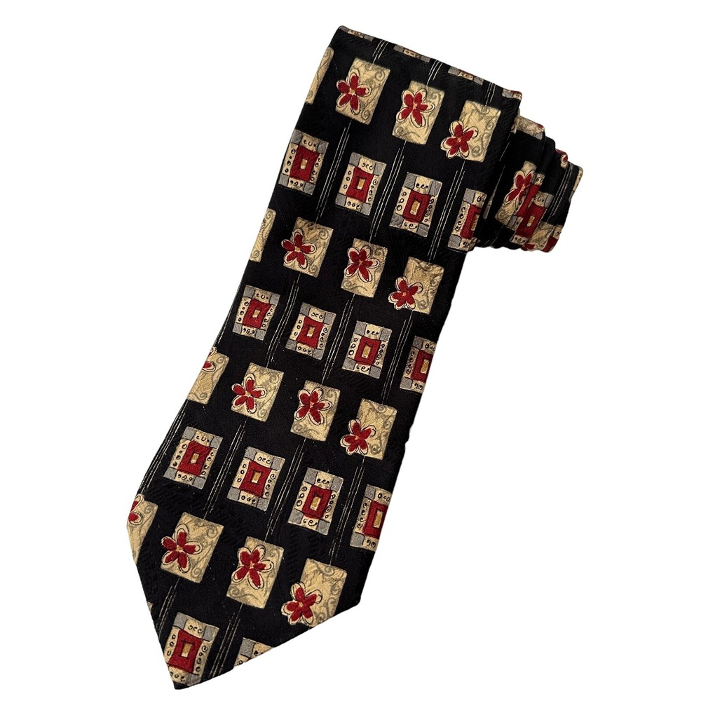 Robert Talbott Best of Class Tie Black Red Floral Geometric 100% Silk Necktie‎
